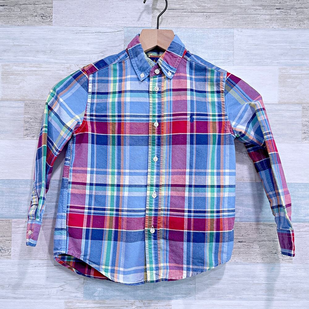 Ralph Lauren Long Sleeve Oxford Shirt Blue Red Plaid Button Up Cotton Boys 6